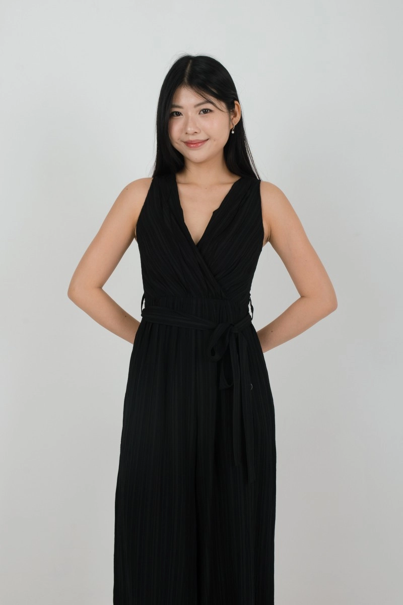 Delora Pleated Ribbon Jumpsuit in Black