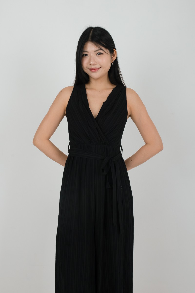 Delora Pleated Ribbon Jumpsuit in Black