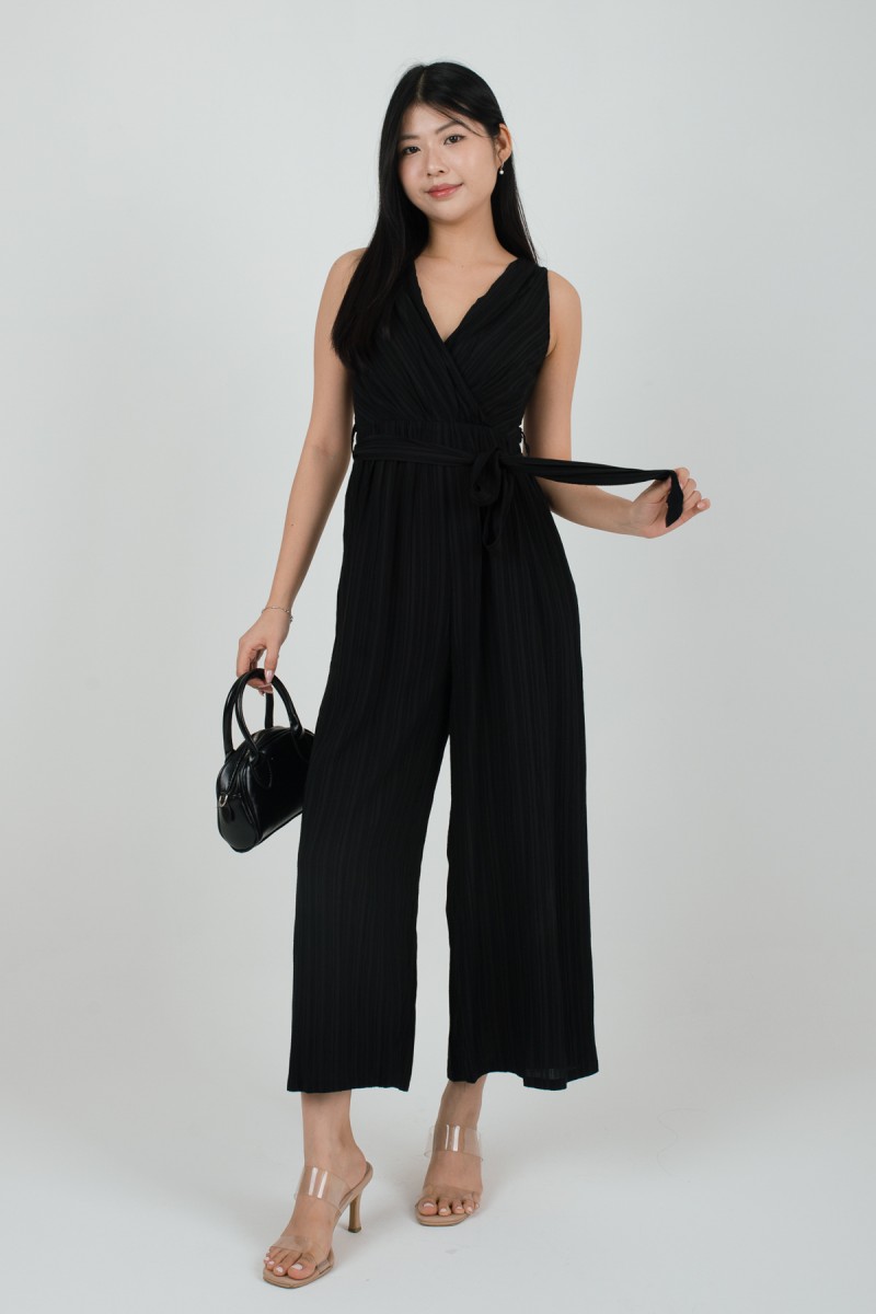 Delora Pleated Ribbon Jumpsuit in Black