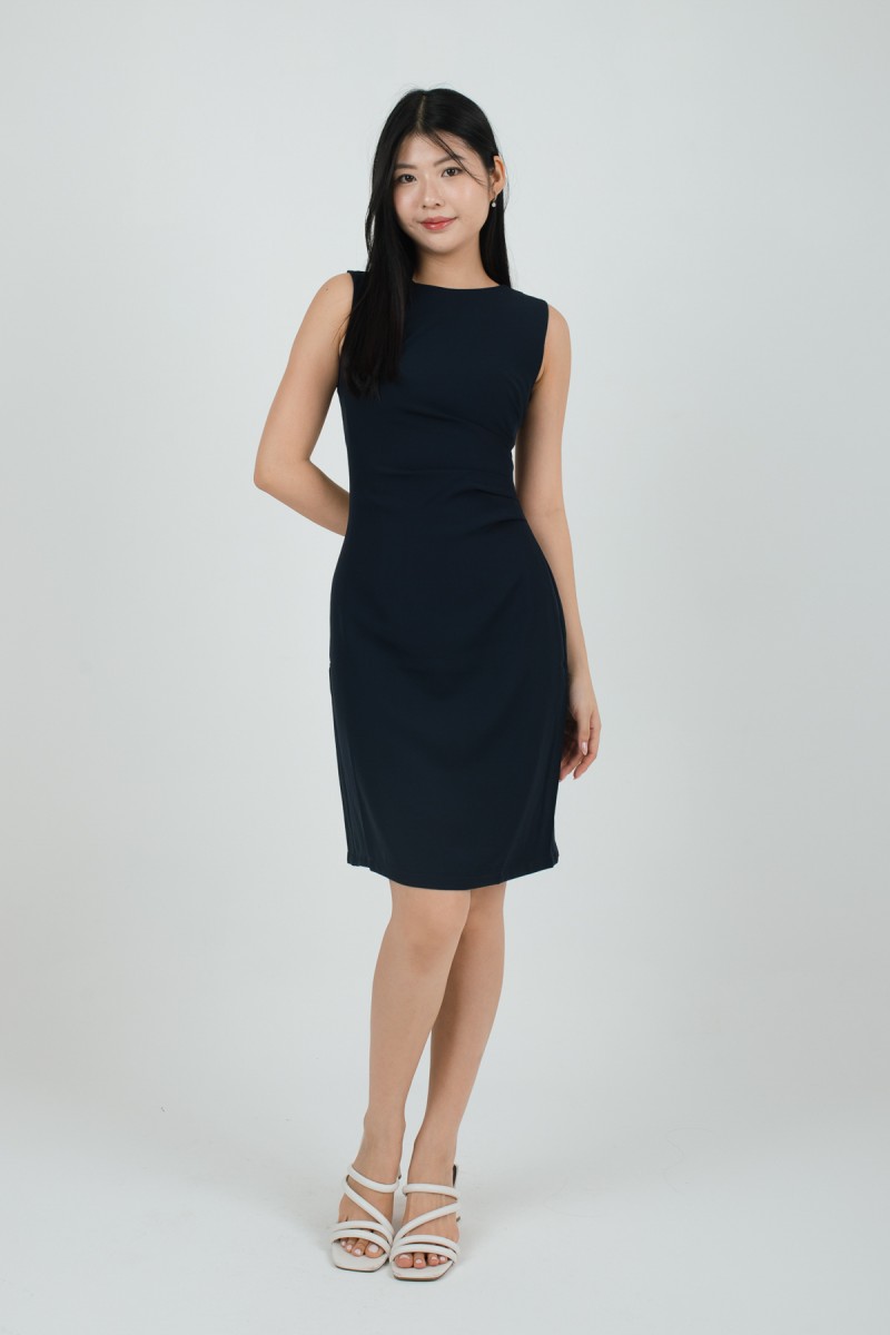 Zyra Sleeveless Side-Ruched Dress in Midnight