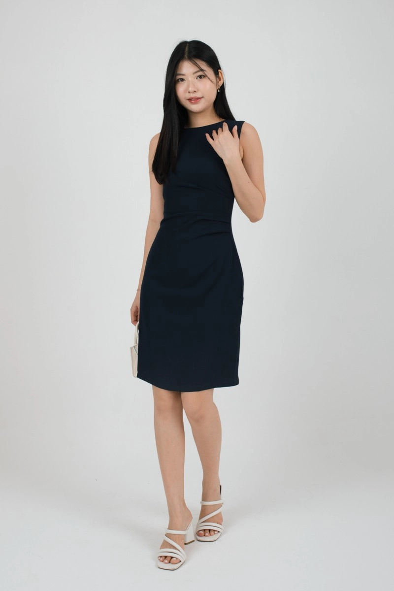 Zyra Sleeveless Side-Ruched Dress in Midnight