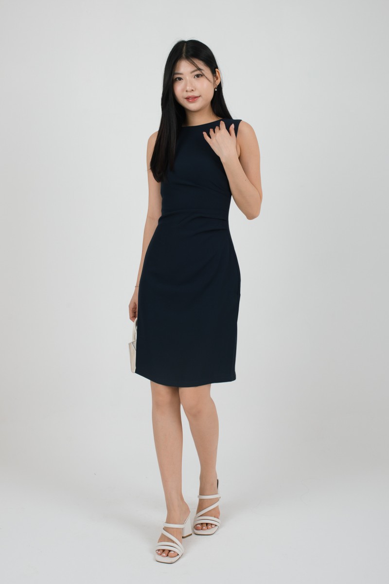 Zyra Sleeveless Side-Ruched Dress in Midnight