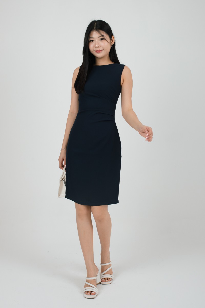 Zyra Sleeveless Side-Ruched Dress in Midnight