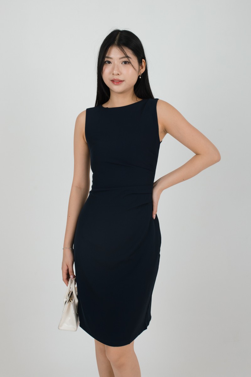 Zyra Sleeveless Side-Ruched Dress in Midnight