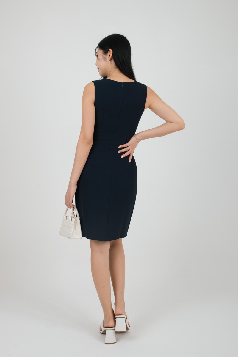 Zyra Sleeveless Side-Ruched Dress in Midnight