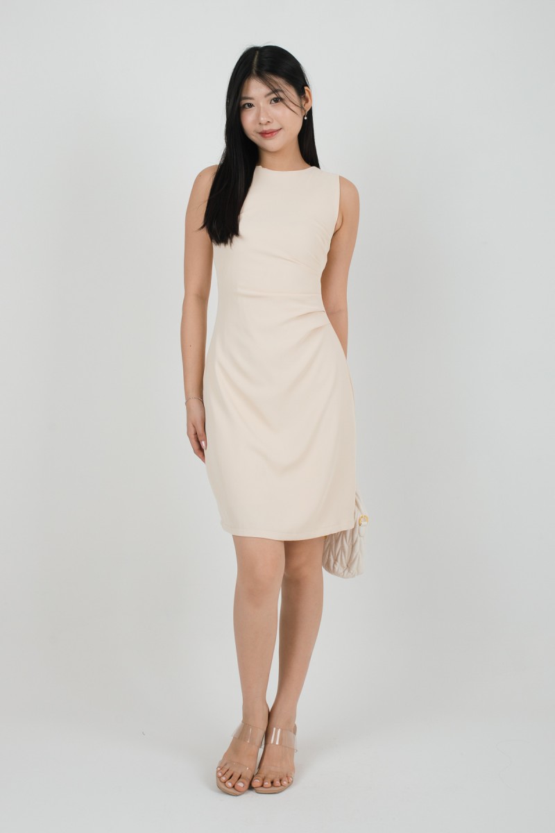 Zyra Sleeveless Side-Ruched Dress in Cream