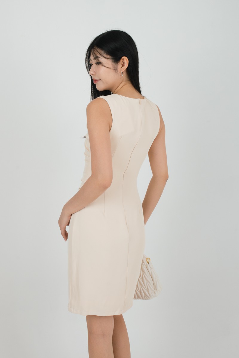Zyra Sleeveless Side-Ruched Dress in Cream