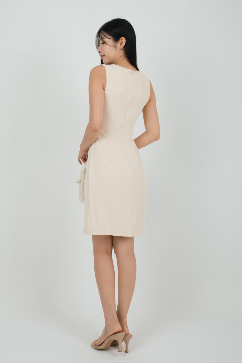 Zyra Sleeveless Side-Ruched Dress in Cream