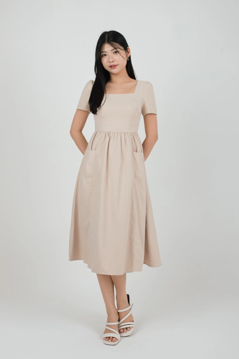 Lucera Sleeved Square Neck Dress in Sand
