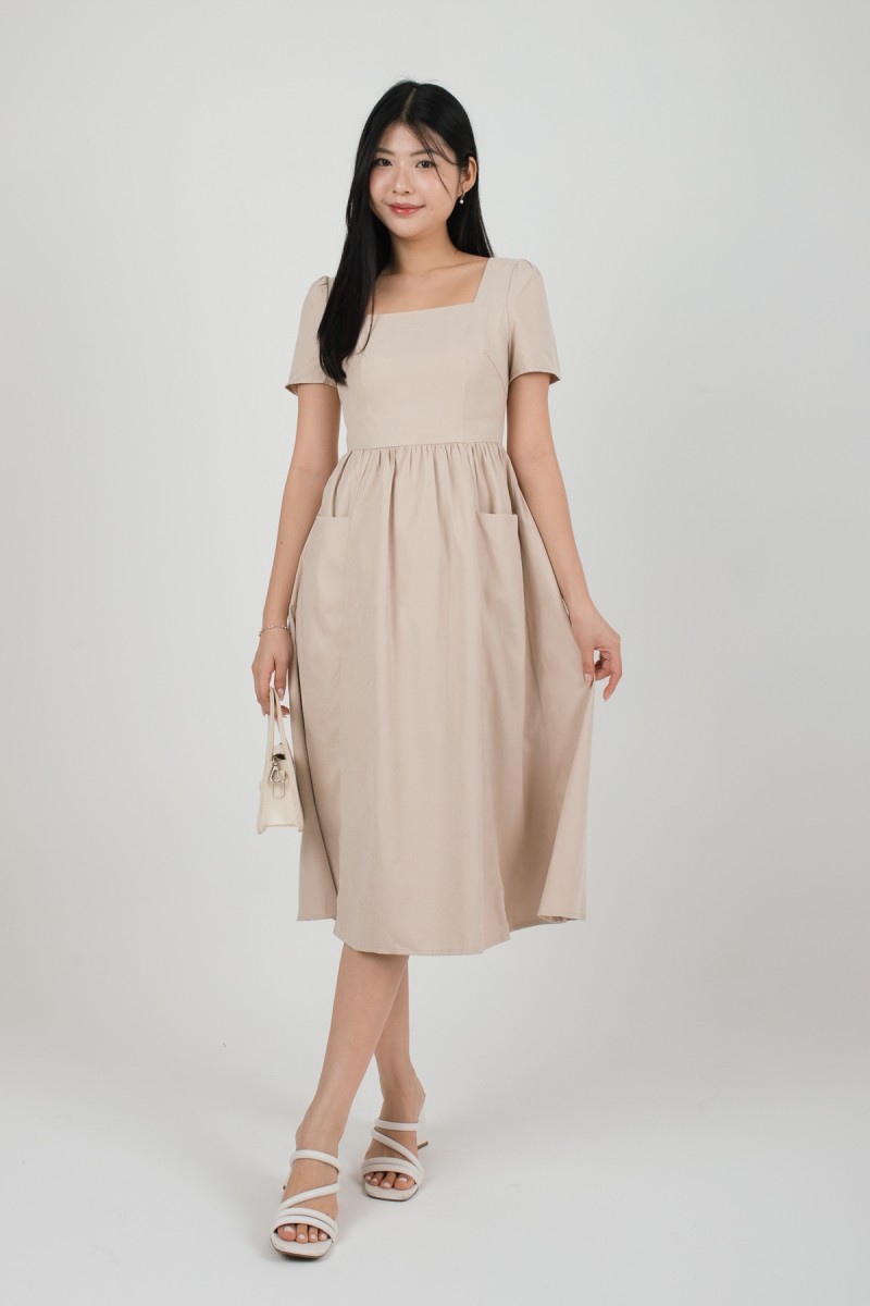 Lucera Sleeved Square Neck Dress in Sand