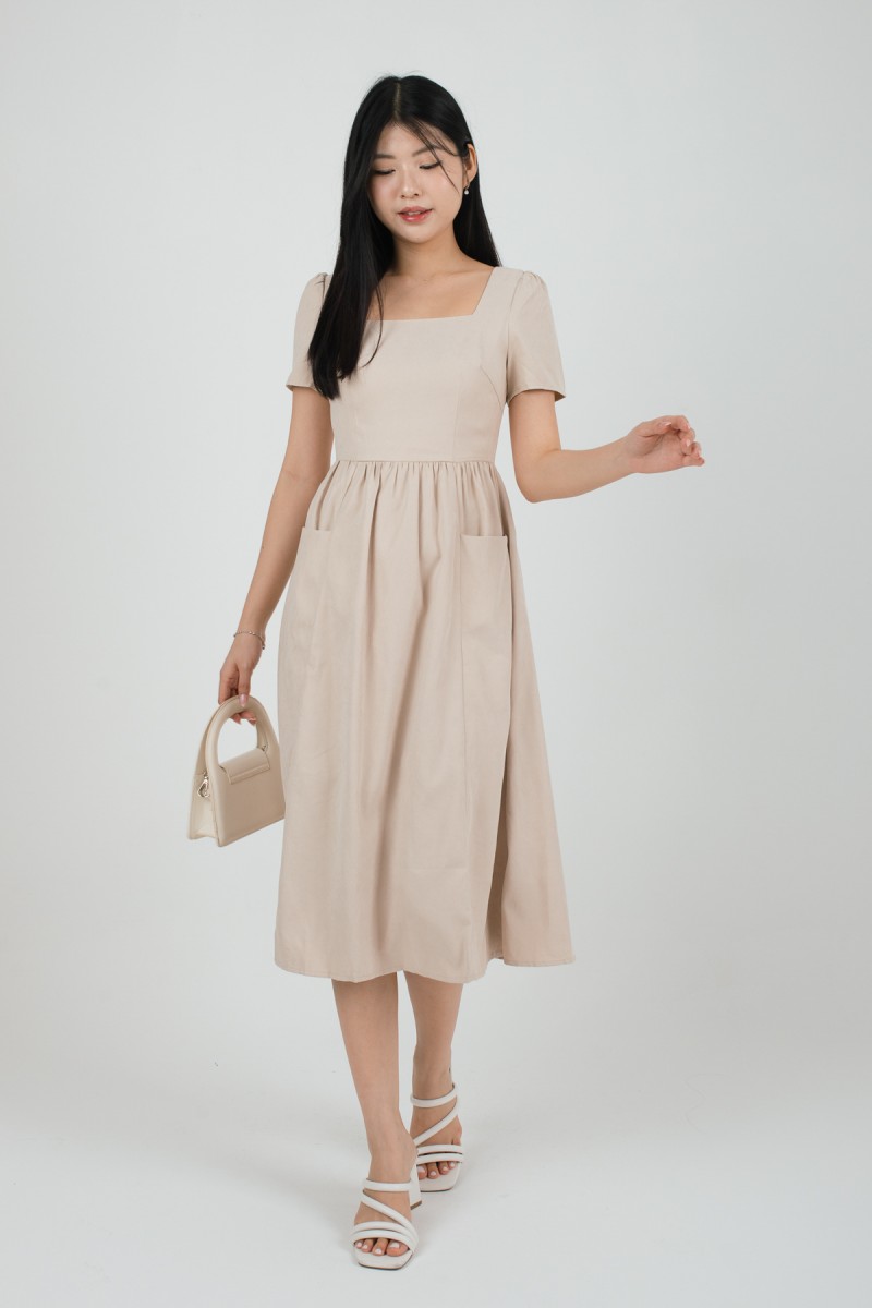 Lucera Sleeved Square Neck Dress in Sand