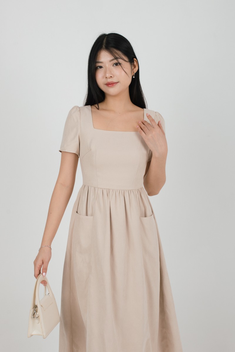 Lucera Sleeved Square Neck Dress in Sand