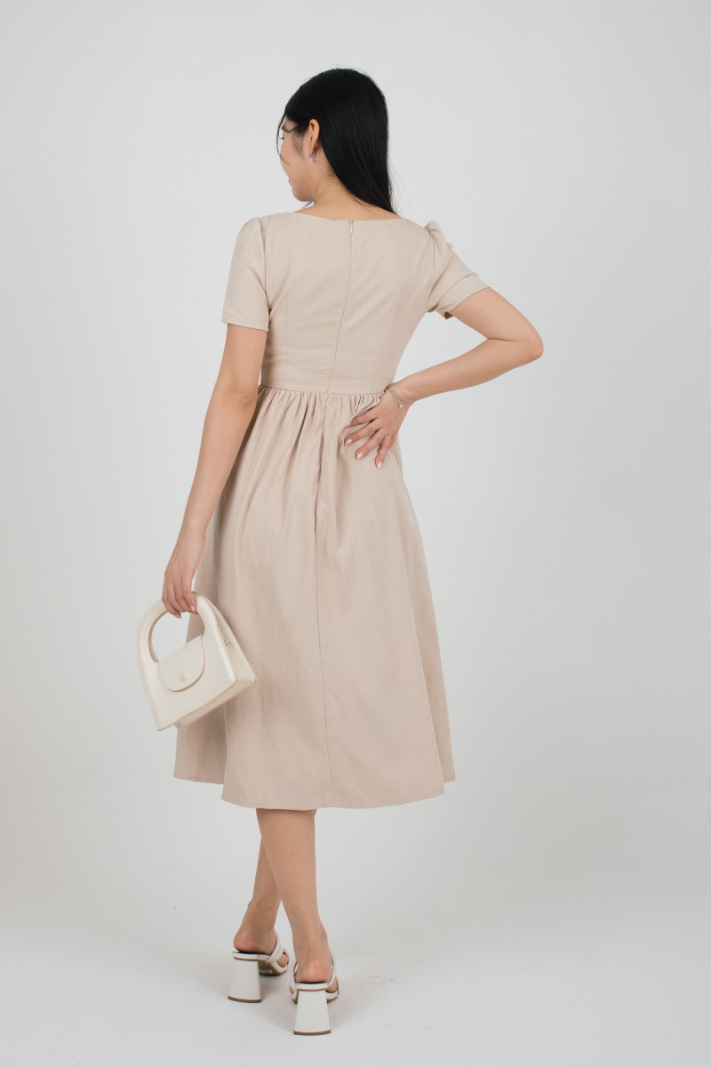 Lucera Sleeved Square Neck Dress in Sand