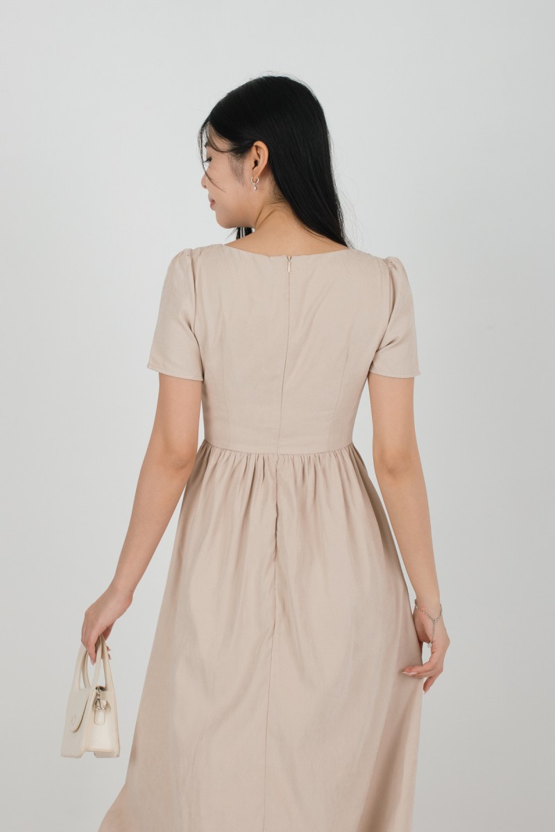 Lucera Sleeved Square Neck Dress in Sand