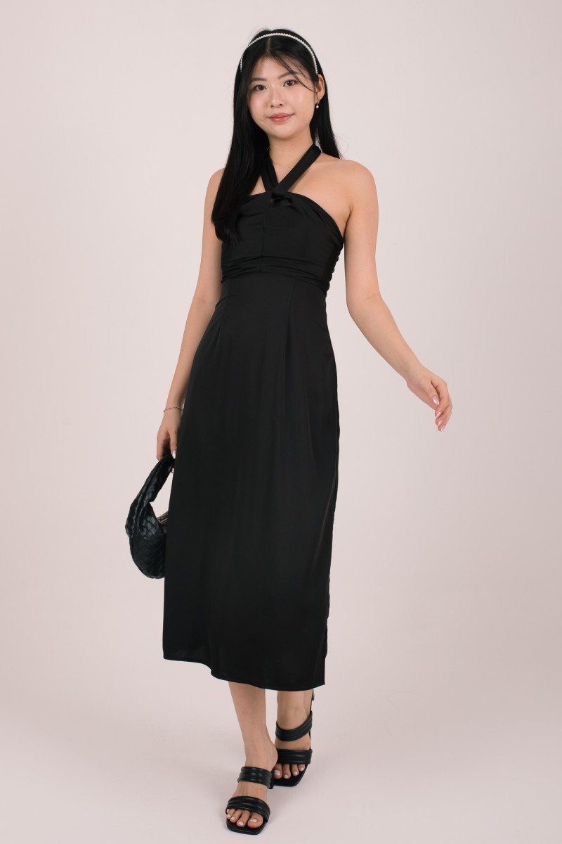 Evara Halter Tie-Back Maxi Dress in Black