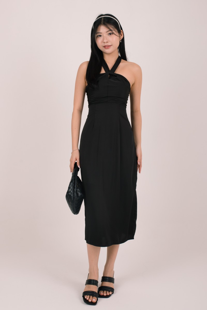 Evara Halter Tie-Back Maxi Dress in Black