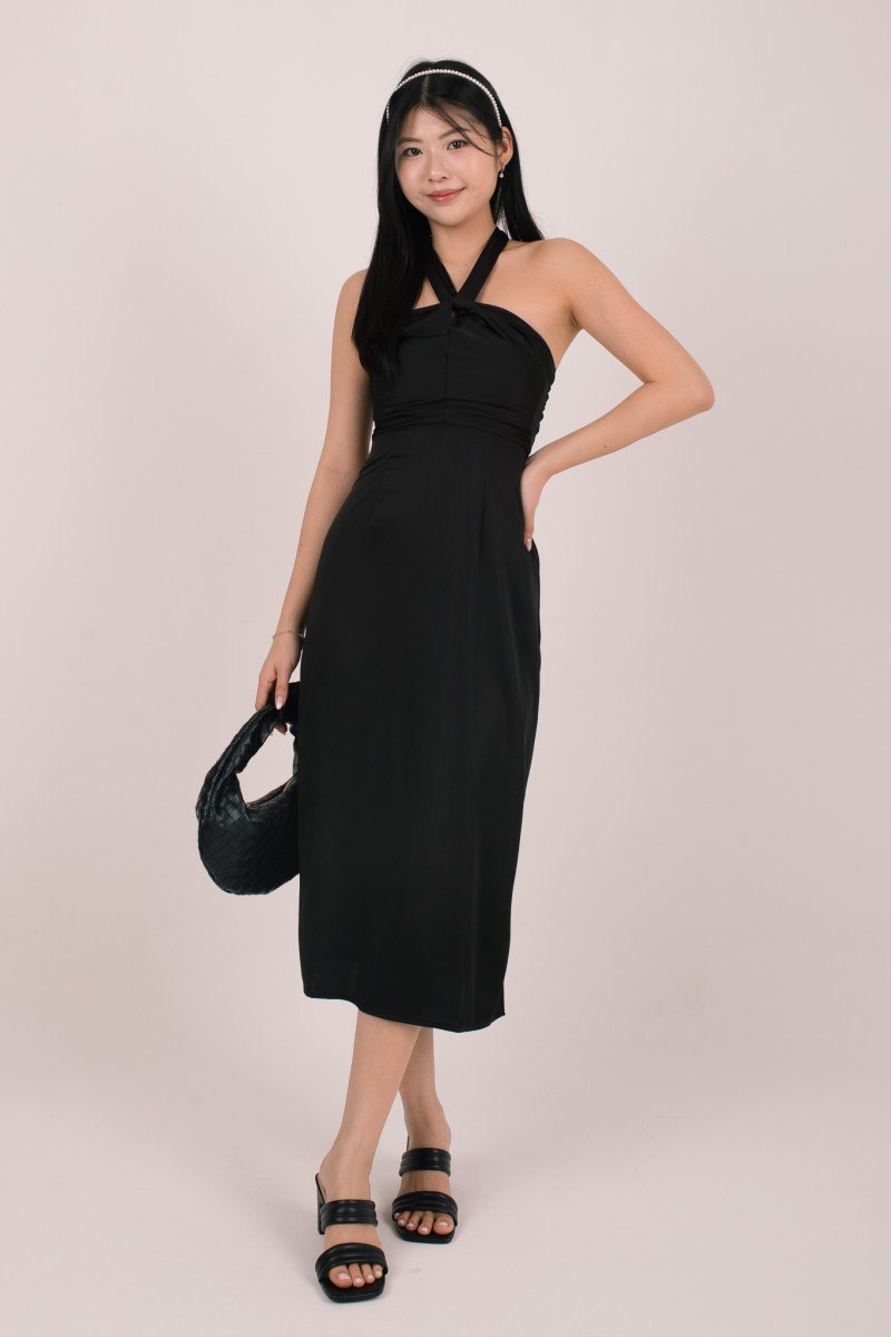 Evara Halter Tie-Back Maxi Dress in Black