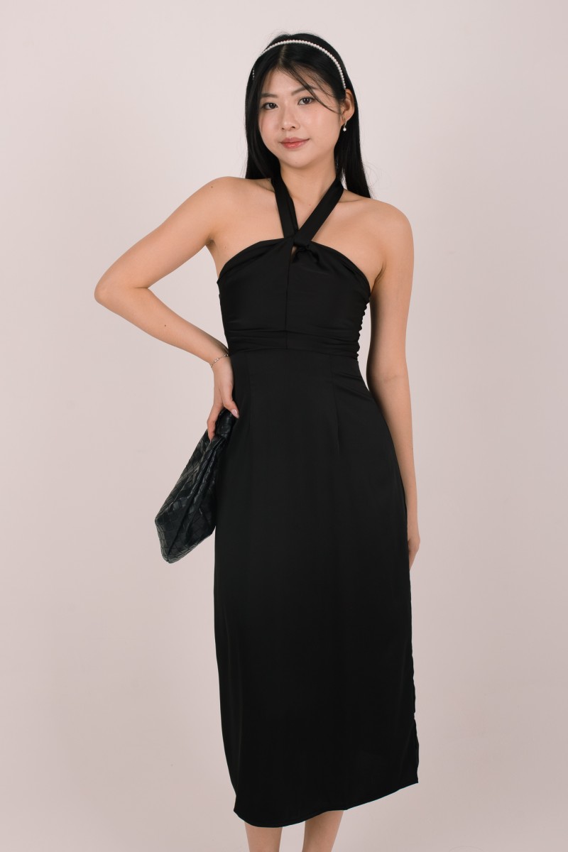 Evara Halter Tie-Back Maxi Dress in Black