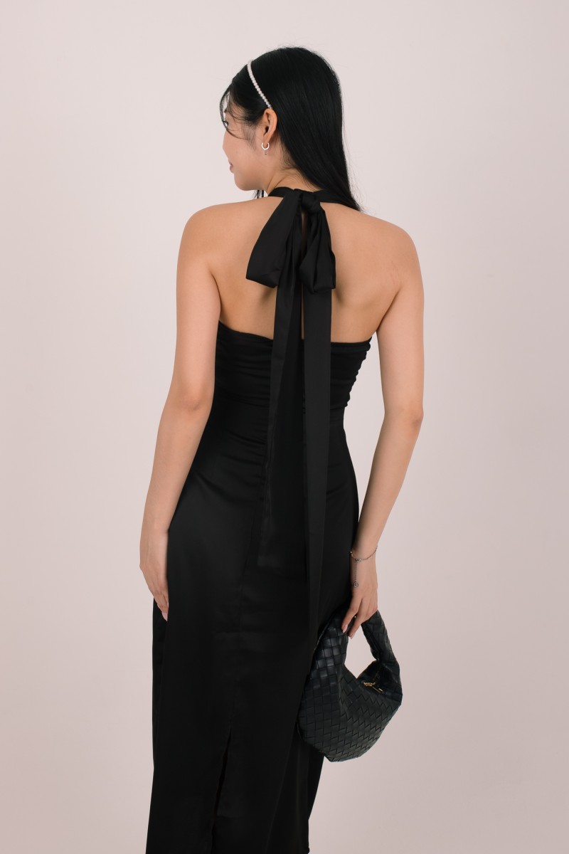 Evara Halter Tie-Back Maxi Dress in Black