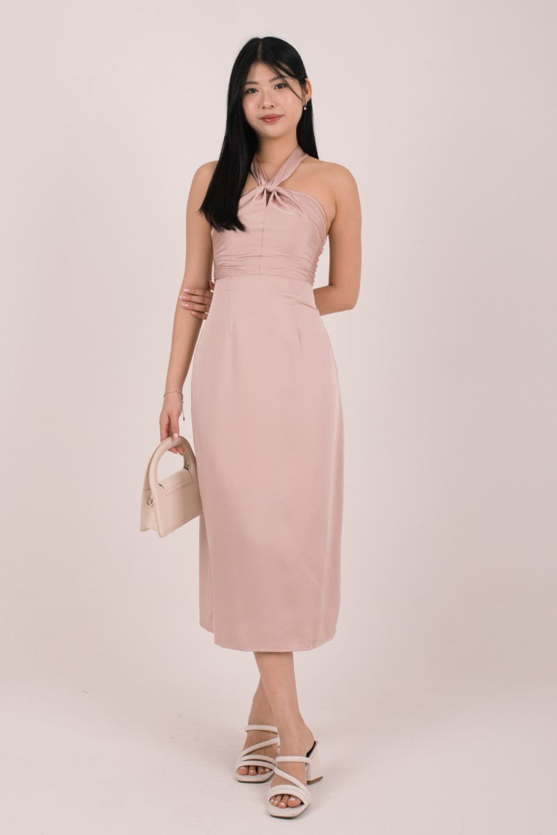 Evara Halter Tie-Back Maxi Dress in Pink