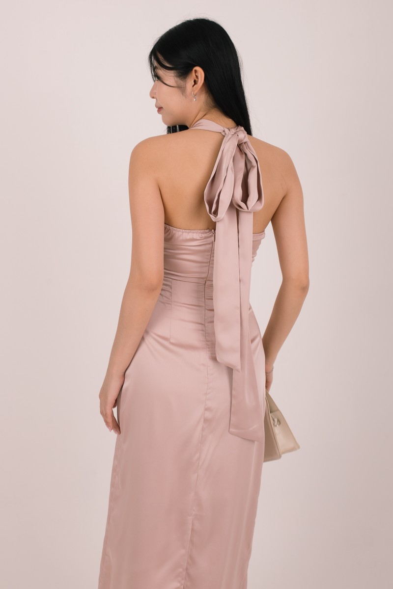 Evara Halter Tie-Back Maxi Dress in Pink