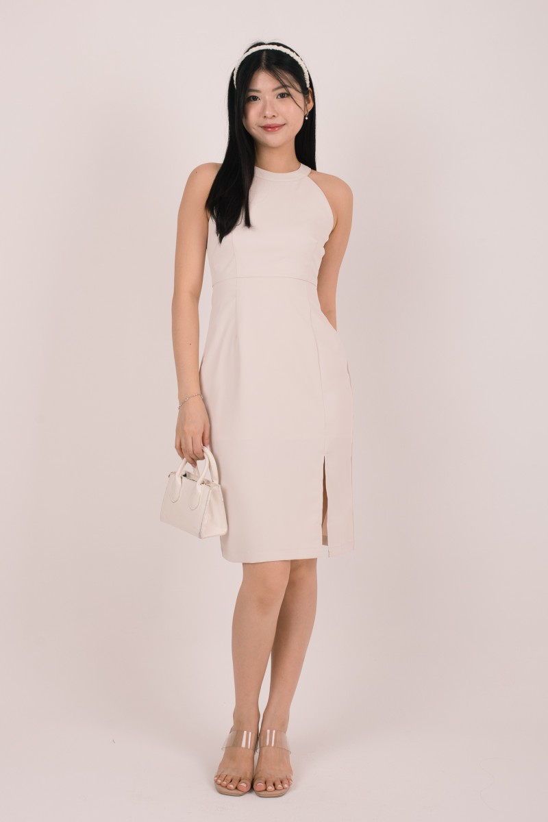 Caela Halter Front Slit Dress in Cream