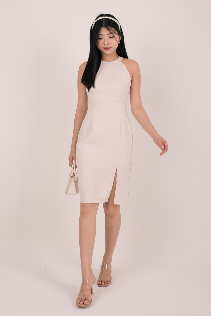 Caela Halter Front Slit Dress in Cream