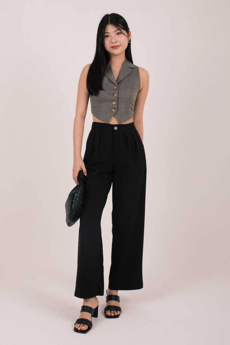 Bellona Front Pleat Button Pants in Black