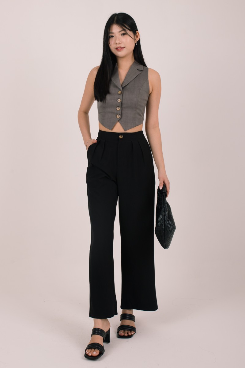 Bellona Front Pleat Button Pants in Black
