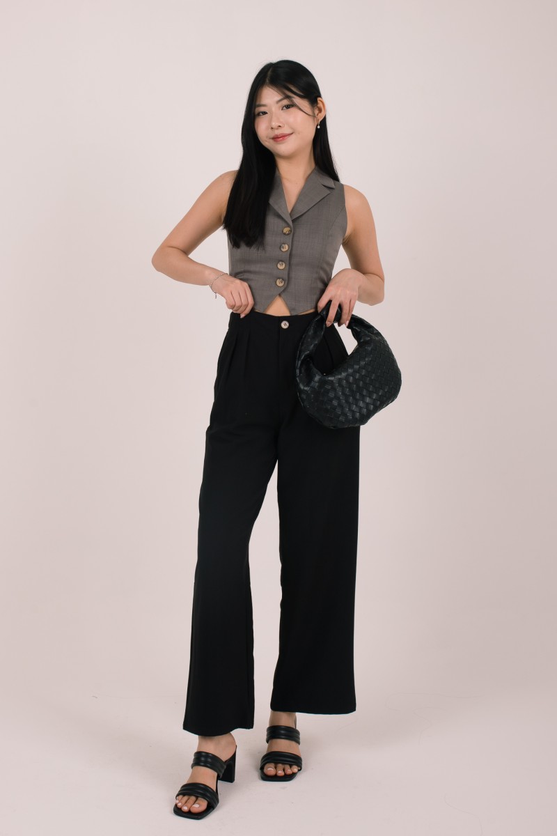 Bellona Front Pleat Button Pants in Black