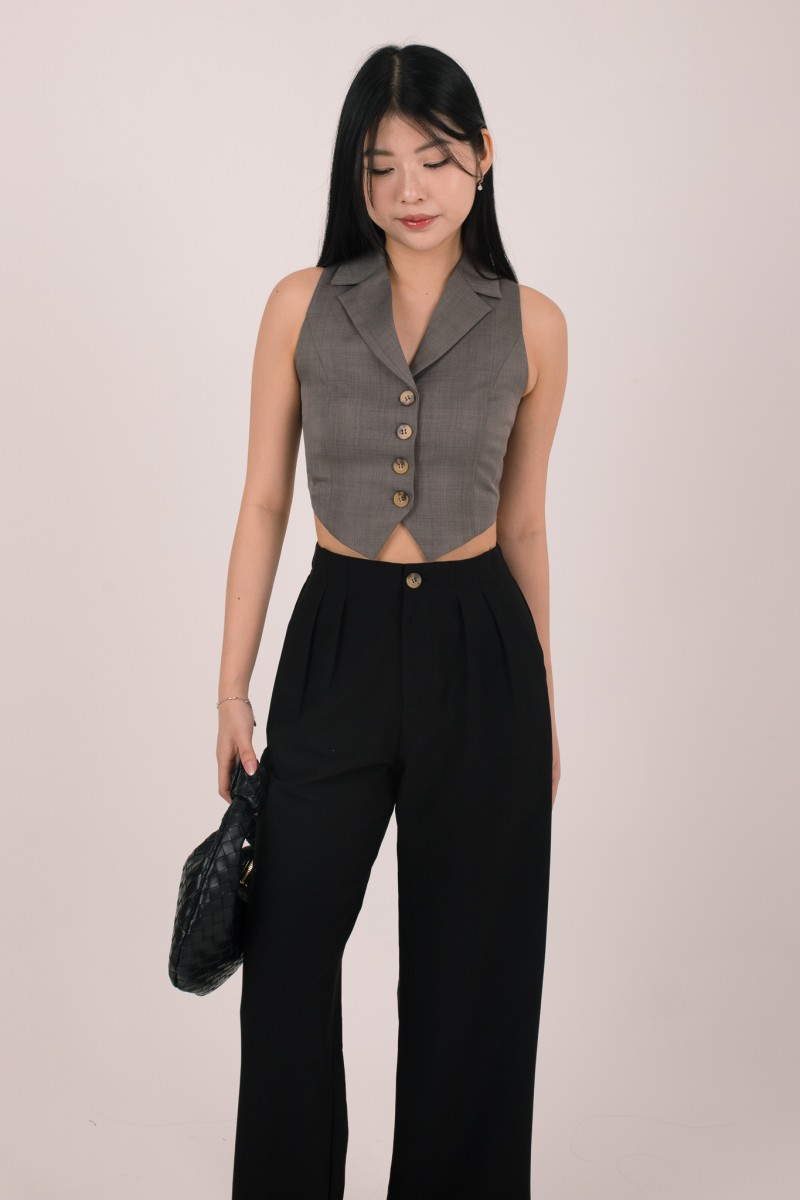 Bellona Front Pleat Button Pants in Black