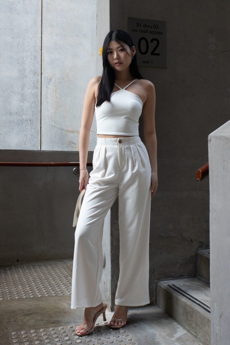 Bellona Front Pleat Button Pants in White