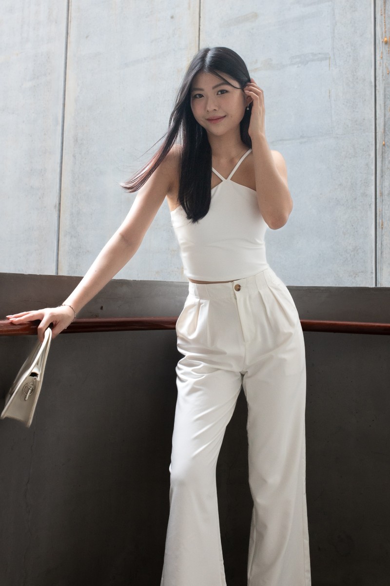 Bellona Front Pleat Button Pants in White
