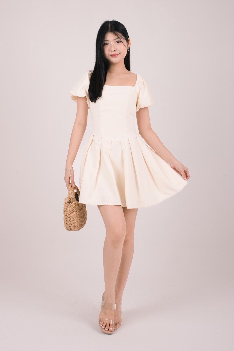 Tiea Puff-Sleeve Mini Dress in Cream