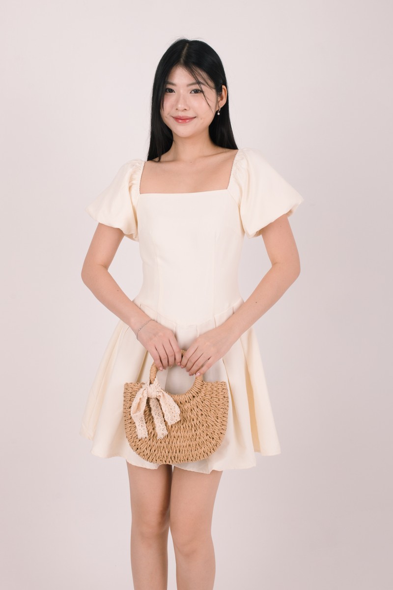 Tiea Puff-Sleeve Mini Dress in Cream