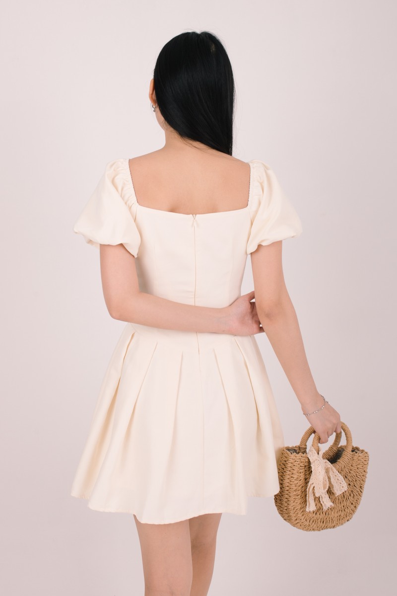 Tiea Puff-Sleeve Mini Dress in Cream