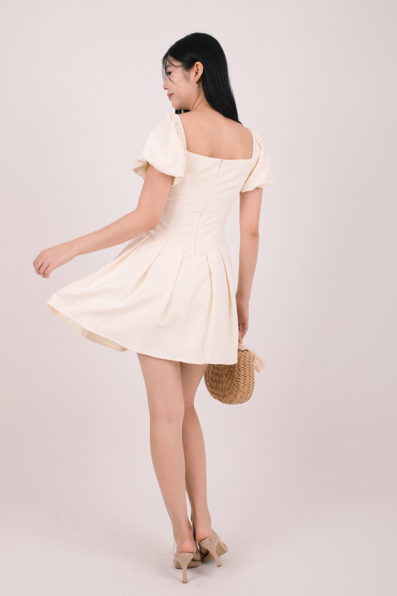 Tiea Puff-Sleeve Mini Dress in Cream