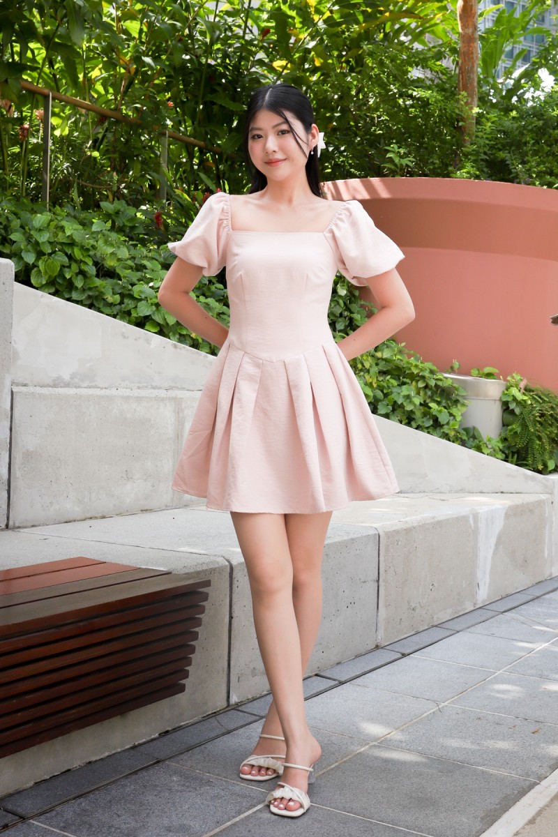 Tiea Puff-Sleeve Mini Dress in Blush