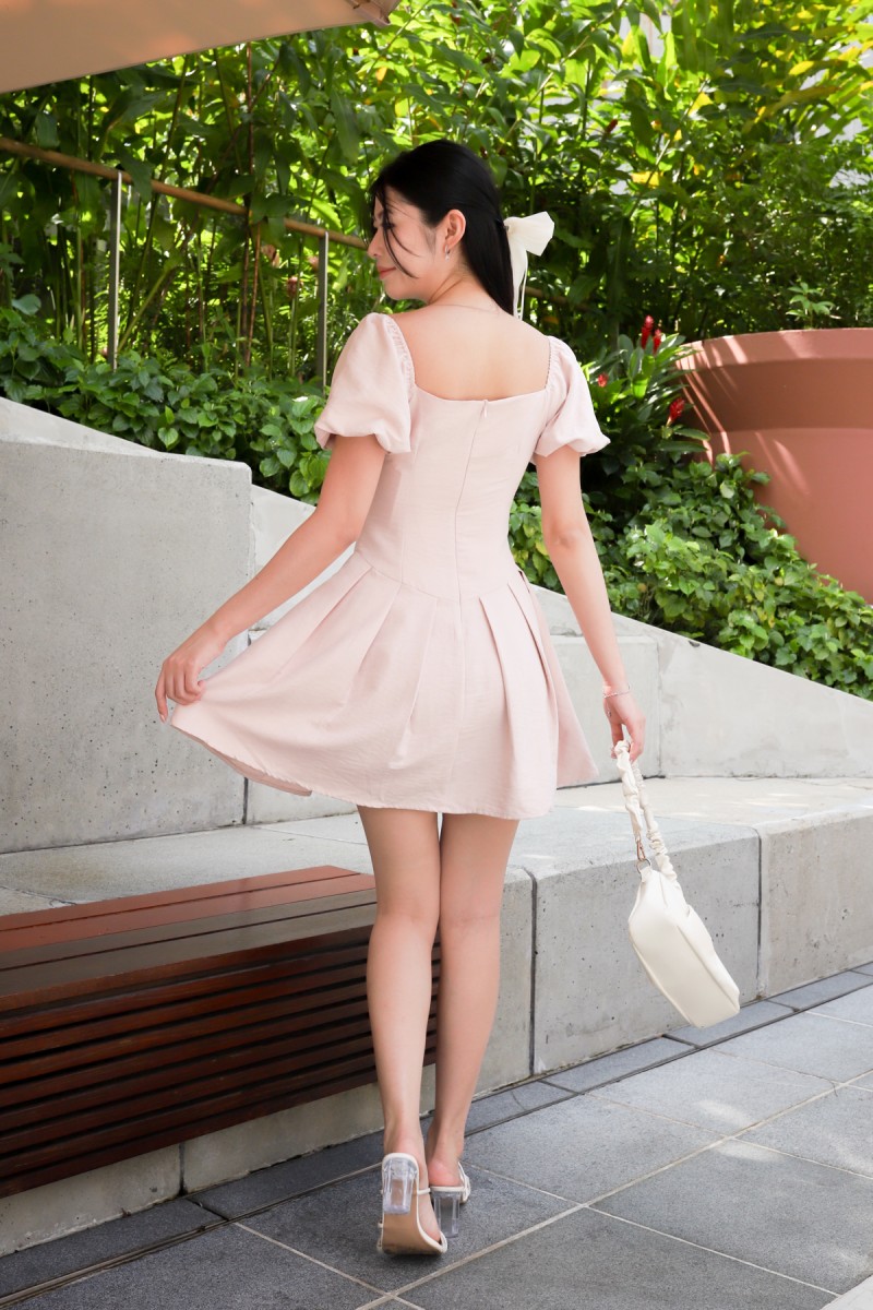 Tiea Puff-Sleeve Mini Dress in Blush