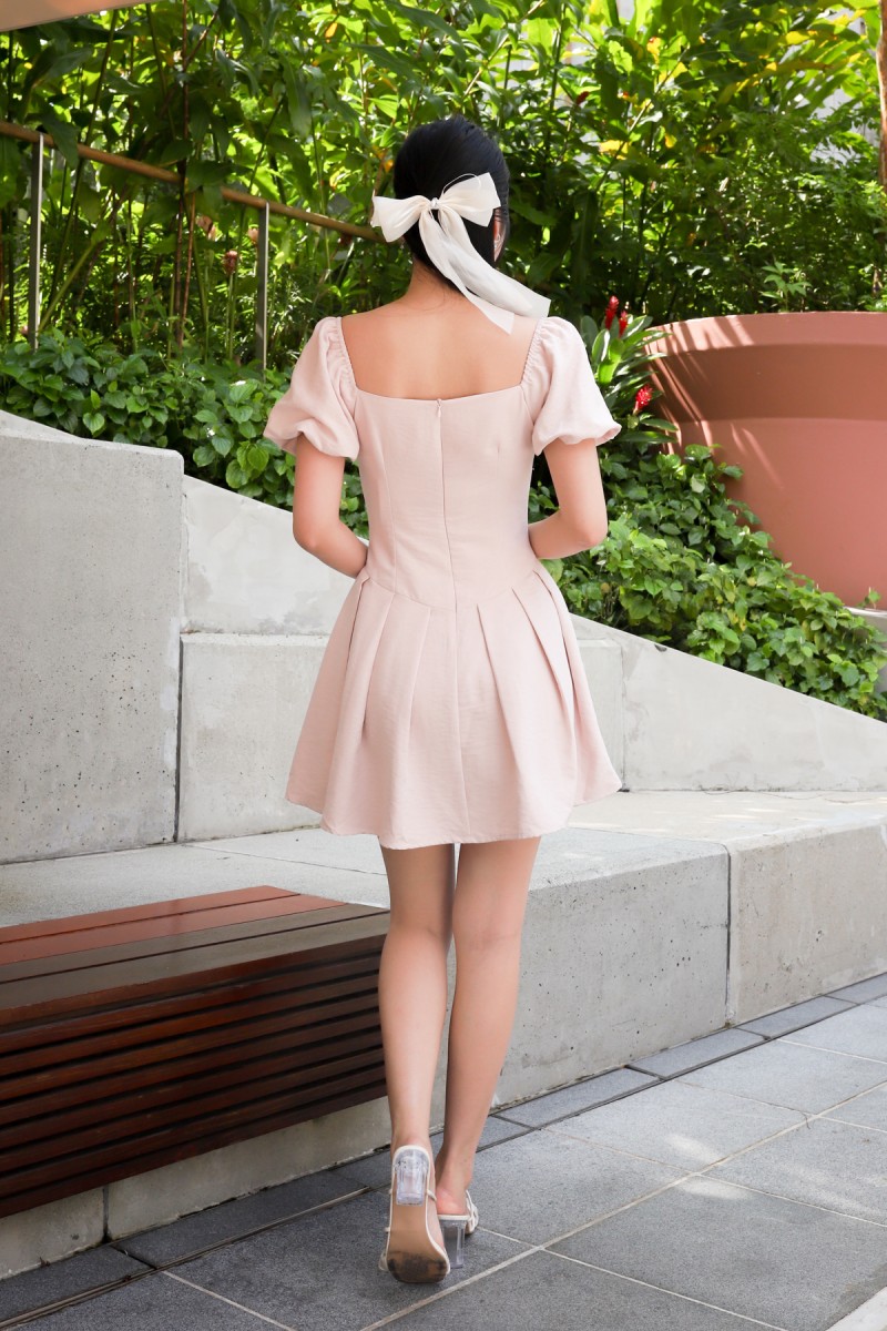 Tiea Puff-Sleeve Mini Dress in Blush