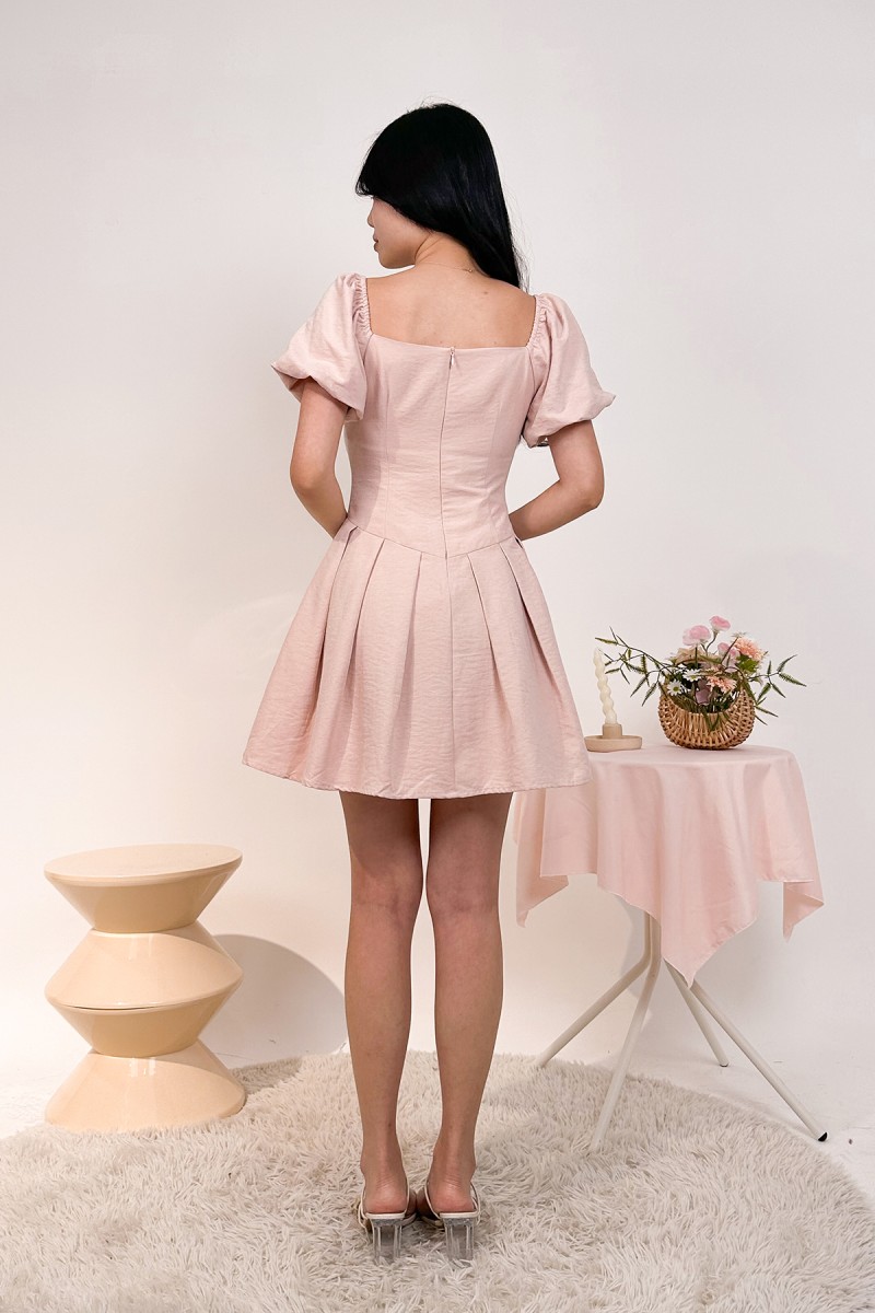 Tiea Puff-Sleeve Mini Dress in Blush