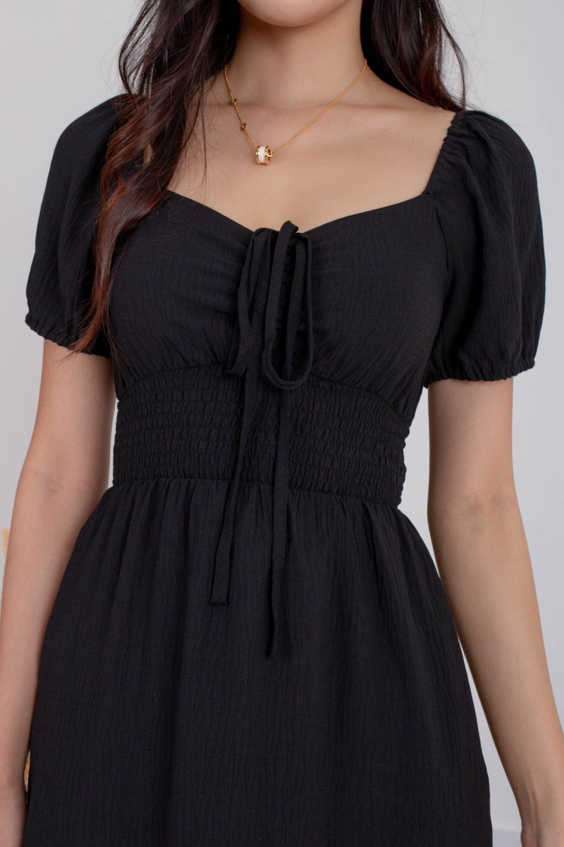 Edrie Ruched Puff Dress in Black (MY)