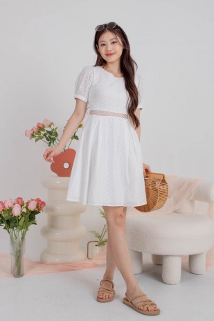 Erine Lace Embroidery Puff Dress in White (MY)