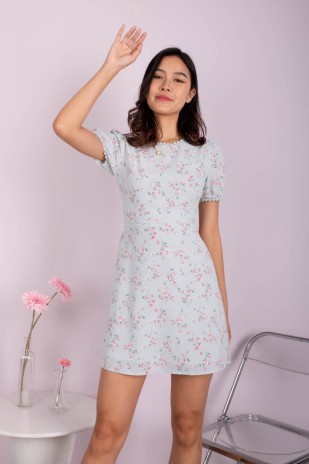 Mindy Floral Lace Trim Dress in Blue (MY)