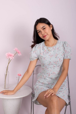 Mindy Floral Lace Trim Dress in Blue (MY)