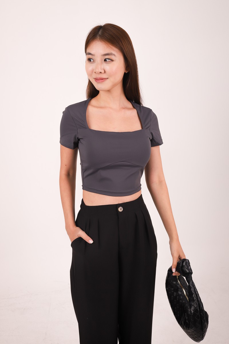 Athene Padded Square Neck Crop Top in Gunmetal