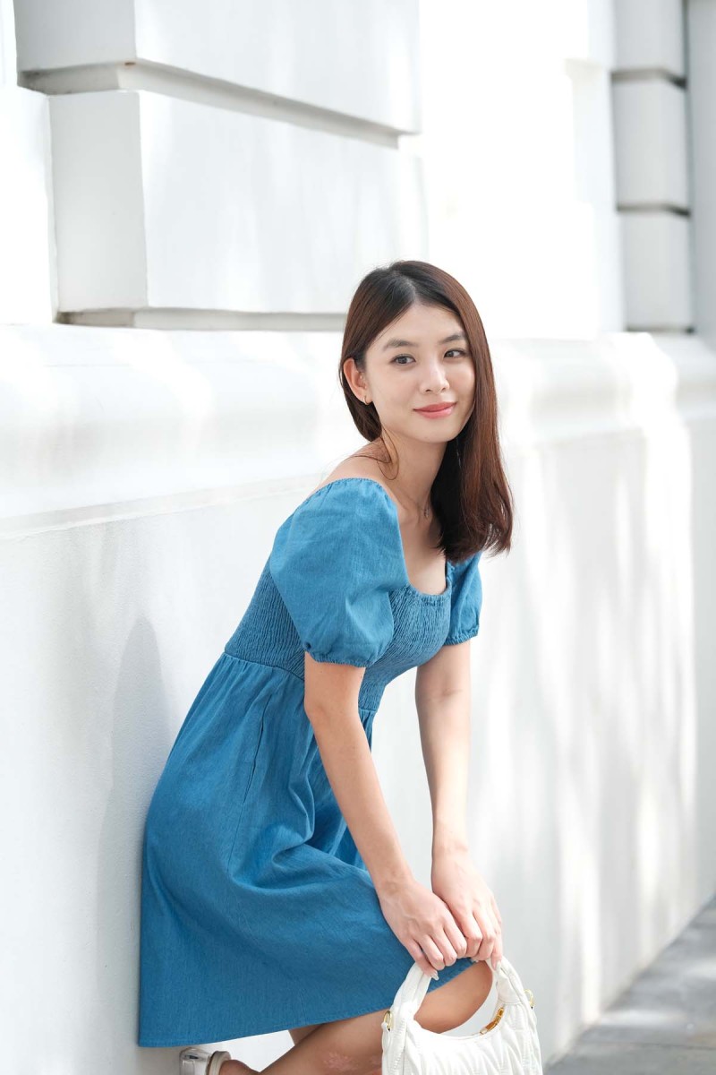 Becca Smocked Denim Puff Sleeved Dress in Light Denim (MY)