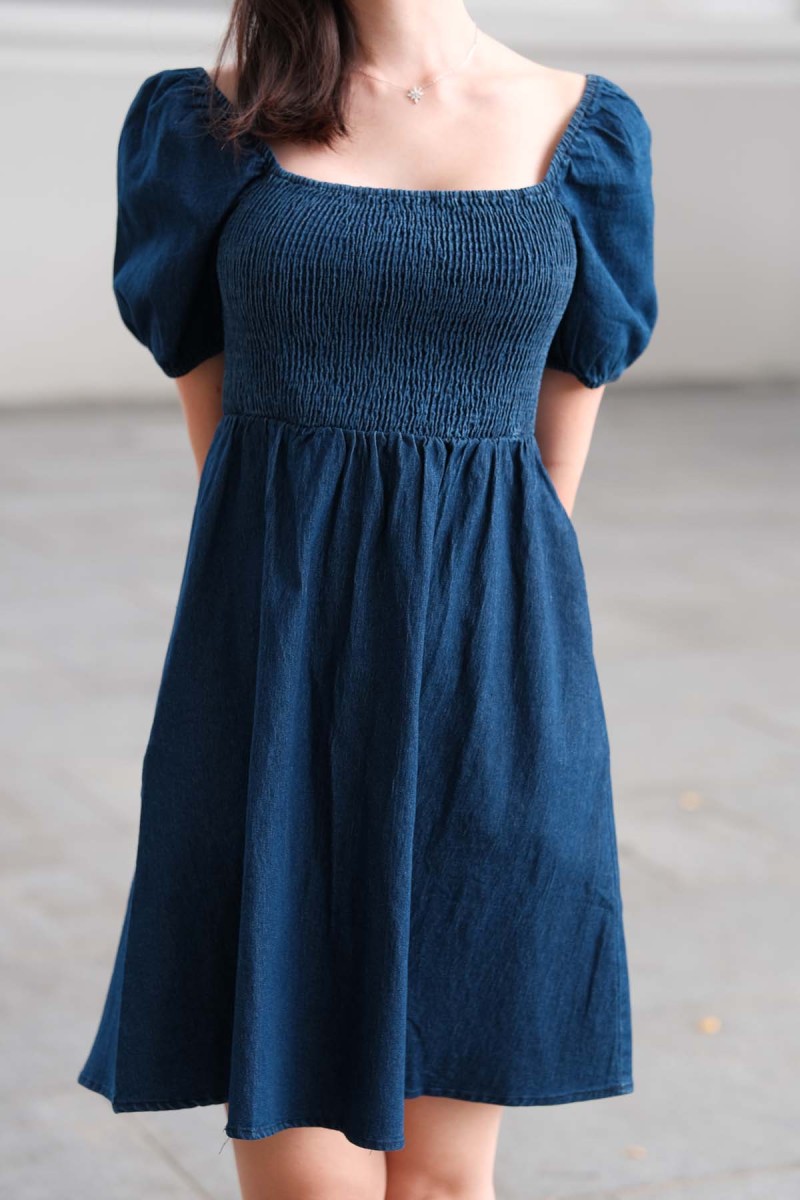 Becca Smocked Denim Puff Dress in Dark Denim (MY)