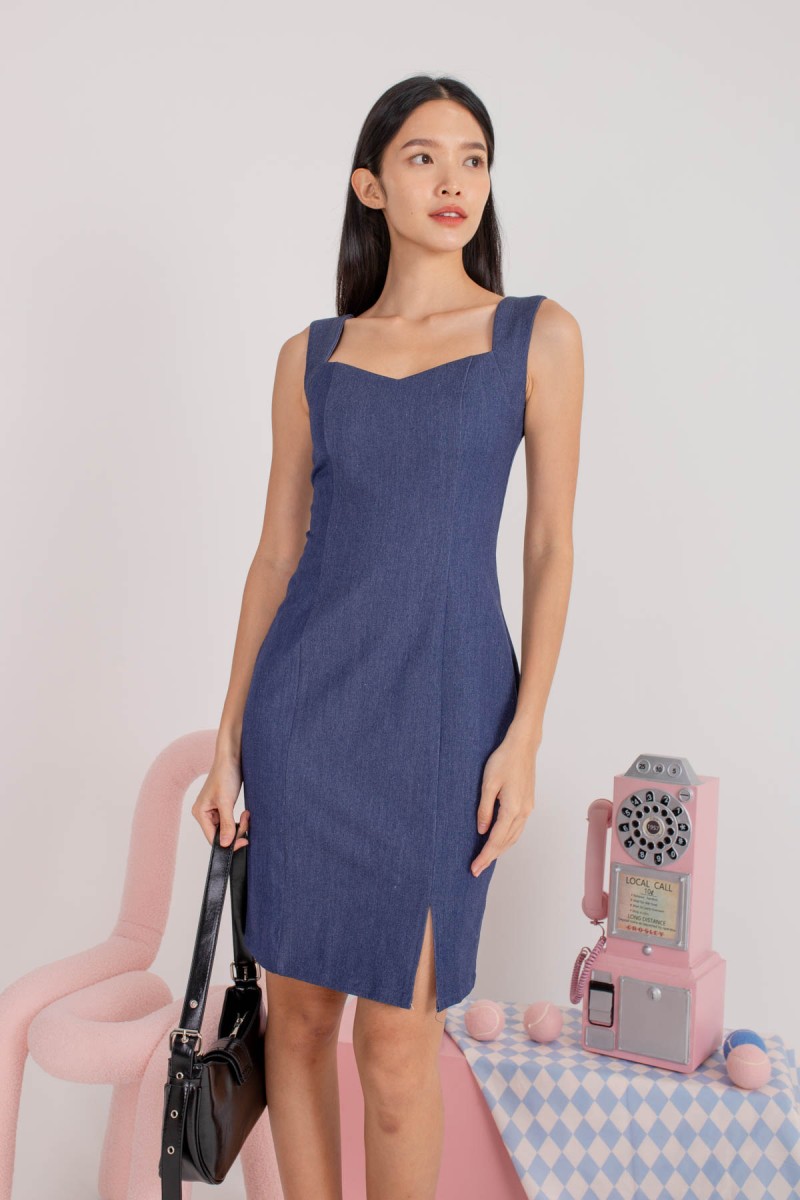 Carine Diamond-Neck Dress in Denim Blue (MY)