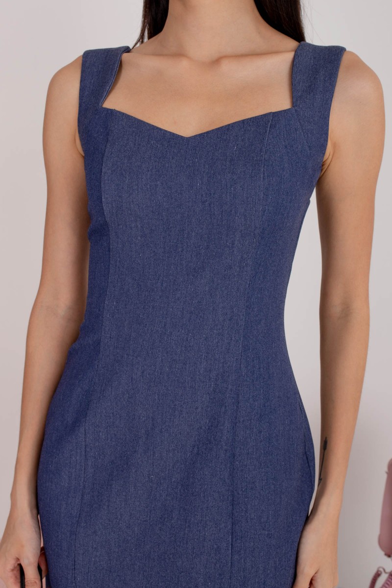 Carine Diamond-Neck Dress in Denim Blue (MY)
